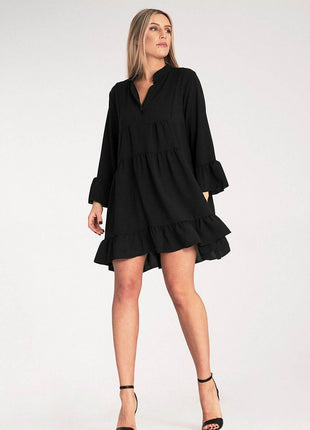 Loose Ruffle Dress with V-Neck, Stand-Up Collar & Button Closure - MimiStylez