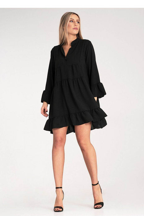 Loose Ruffle Dress with V-Neck, Stand-Up Collar & Button Closure - MimiStylez