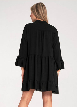 Loose Ruffle Dress with V-Neck, Stand-Up Collar & Button Closure - MimiStylez