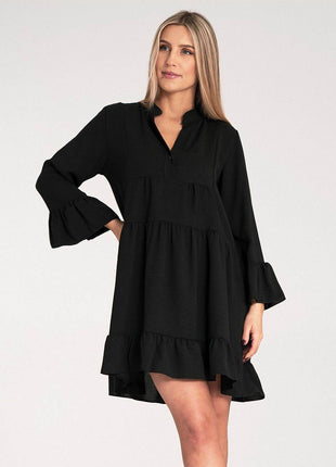 Loose Ruffle Dress with V-Neck, Stand-Up Collar & Button Closure - MimiStylez