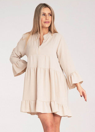Loose Ruffle Dress with V-Neck, Stand-Up Collar & Button Closure - MimiStylez