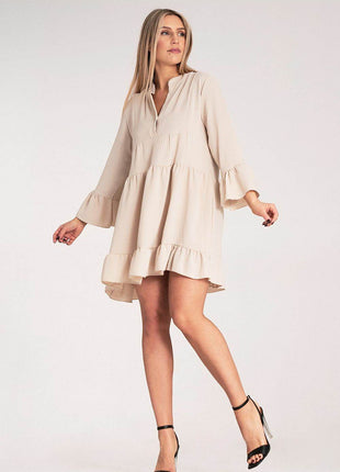 Loose Ruffle Dress with V-Neck, Stand-Up Collar & Button Closure - MimiStylez