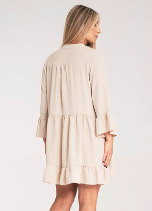 Loose Ruffle Dress with V-Neck, Stand-Up Collar & Button Closure - MimiStylez