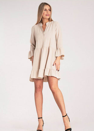 Loose Ruffle Dress with V-Neck, Stand-Up Collar & Button Closure - MimiStylez