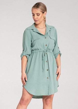 Classic Shirt Dress with Waist Tie, Button Front & Roll-Up Sleeves - MimiStylez