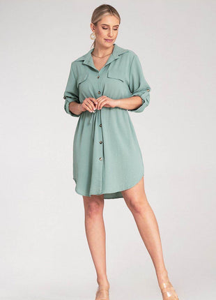 Classic Shirt Dress with Waist Tie, Button Front & Roll-Up Sleeves - MimiStylez