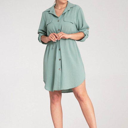 Classic Shirt Dress with Waist Tie, Button Front & Roll-Up Sleeves - MimiStylez