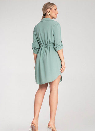 Classic Shirt Dress with Waist Tie, Button Front & Roll-Up Sleeves - MimiStylez