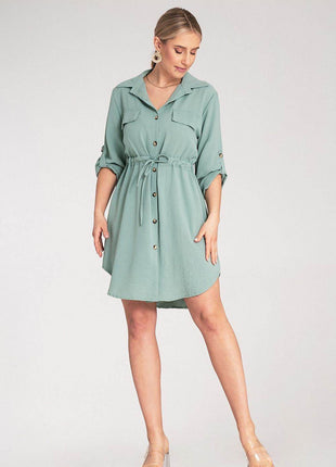 Classic Shirt Dress with Waist Tie, Button Front & Roll-Up Sleeves - MimiStylez