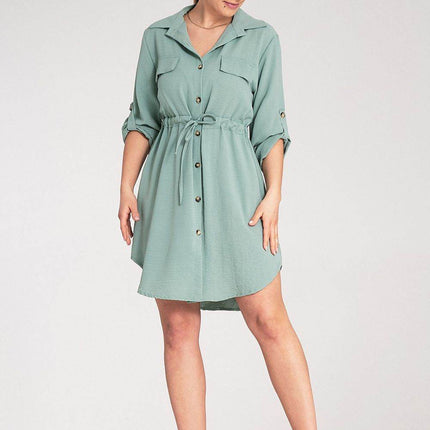 Classic Shirt Dress with Waist Tie, Button Front & Roll-Up Sleeves - MimiStylez