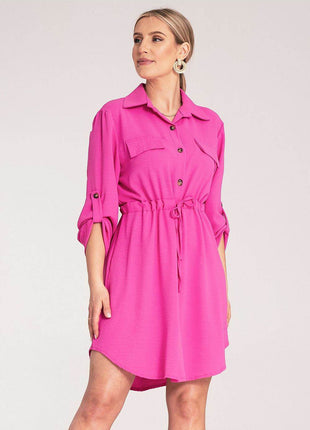 Classic Shirt Dress with Waist Tie, Button Front & Roll-Up Sleeves - MimiStylez
