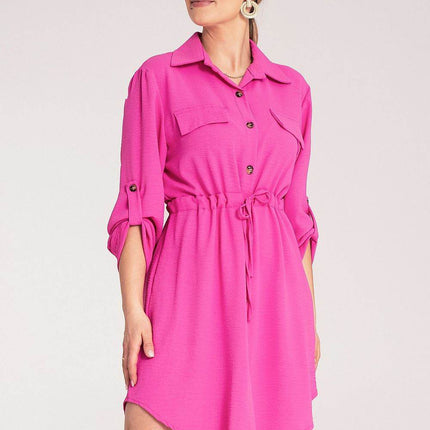 Classic Shirt Dress with Waist Tie, Button Front & Roll-Up Sleeves - MimiStylez