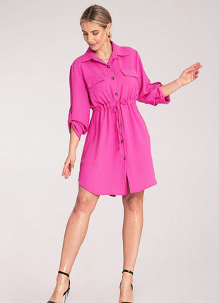 Classic Shirt Dress with Waist Tie, Button Front & Roll-Up Sleeves - MimiStylez