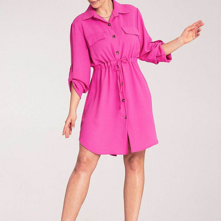 Classic Shirt Dress with Waist Tie, Button Front & Roll-Up Sleeves - MimiStylez
