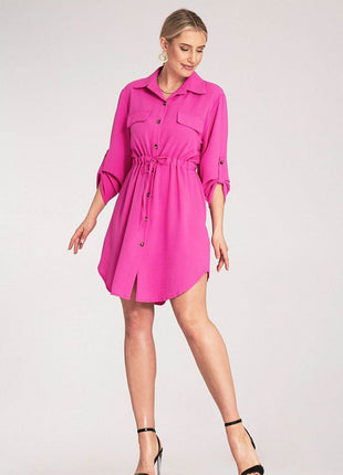 Classic Shirt Dress with Waist Tie, Button Front & Roll-Up Sleeves - MimiStylez