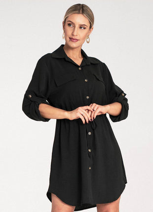 Classic Shirt Dress with Waist Tie, Button Front & Roll-Up Sleeves - MimiStylez