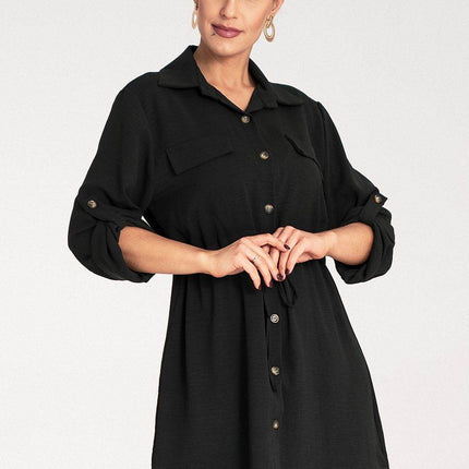 Classic Shirt Dress with Waist Tie, Button Front & Roll-Up Sleeves - MimiStylez