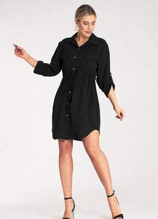 Classic Shirt Dress with Waist Tie, Button Front & Roll-Up Sleeves - MimiStylez
