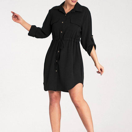 Classic Shirt Dress with Waist Tie, Button Front & Roll-Up Sleeves - MimiStylez
