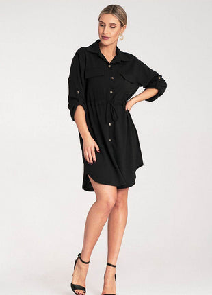 Classic Shirt Dress with Waist Tie, Button Front & Roll-Up Sleeves - MimiStylez
