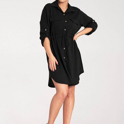Classic Shirt Dress with Waist Tie, Button Front & Roll-Up Sleeves - MimiStylez