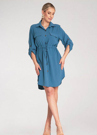 Classic Shirt Dress with Waist Tie, Button Front & Roll-Up Sleeves - MimiStylez