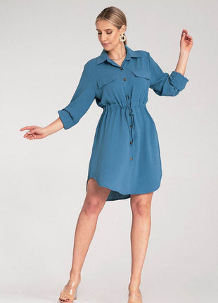 Classic Shirt Dress with Waist Tie, Button Front & Roll-Up Sleeves - MimiStylez