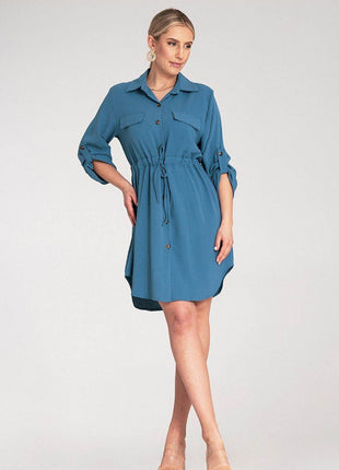 Classic Shirt Dress with Waist Tie, Button Front & Roll-Up Sleeves - MimiStylez