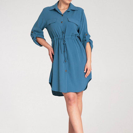 Classic Shirt Dress with Waist Tie, Button Front & Roll-Up Sleeves - MimiStylez