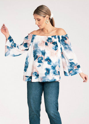 Spanish-Style Top with Wide Neckline & 3/4 Sleeves - MimiStylez