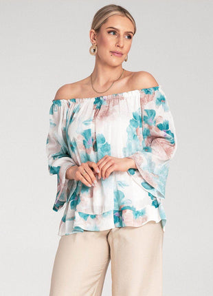 Spanish-Style Top with Wide Neckline & 3/4 Sleeves - MimiStylez