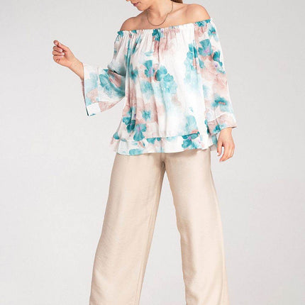 Spanish-Style Top with Wide Neckline & 3/4 Sleeves - MimiStylez