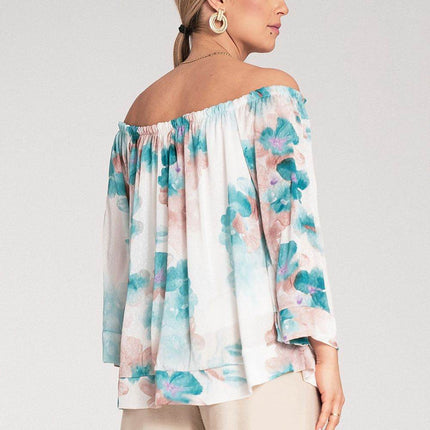 Spanish-Style Top with Wide Neckline & 3/4 Sleeves - MimiStylez