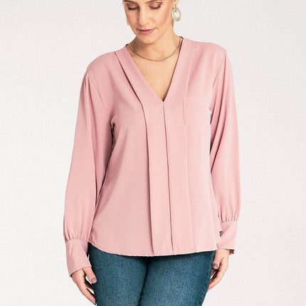 Satin Long-Sleeve Blouse with V-Neck & Buttoned Cuffs – Elegant Stitch Detail - MimiStylez