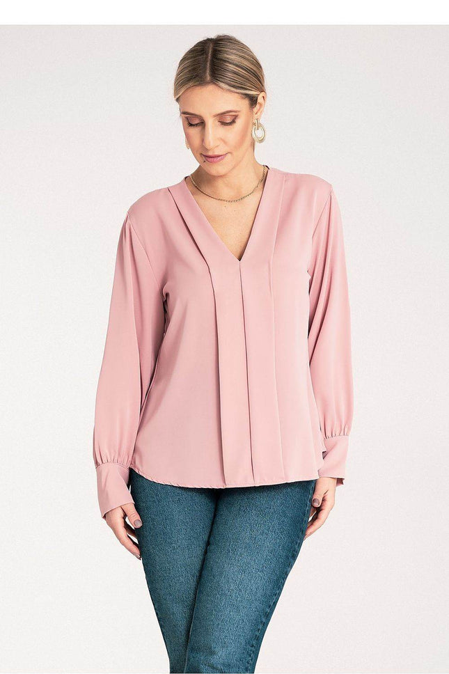 Satin Long-Sleeve Blouse with V-Neck & Buttoned Cuffs – Elegant Stitch Detail - MimiStylez