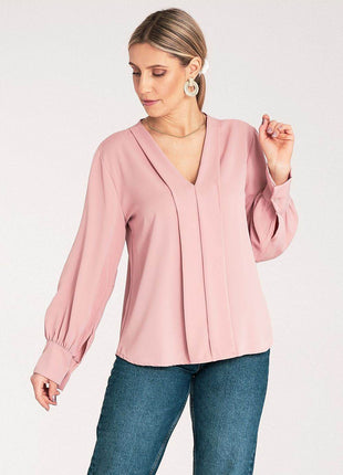 Satin Long-Sleeve Blouse with V-Neck & Buttoned Cuffs – Elegant Stitch Detail - MimiStylez