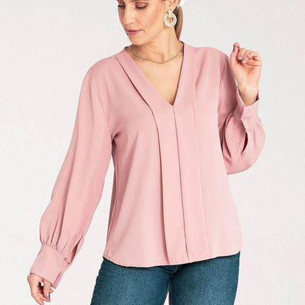 Satin Long-Sleeve Blouse with V-Neck & Buttoned Cuffs – Elegant Stitch Detail - MimiStylez