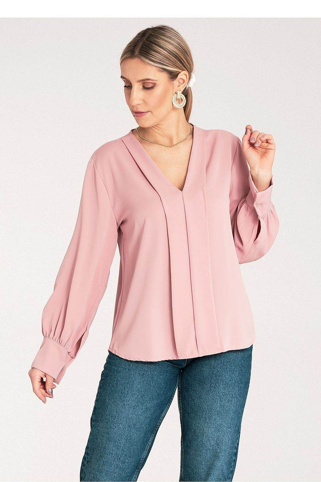 Satin Long-Sleeve Blouse with V-Neck & Buttoned Cuffs – Elegant Stitch Detail - MimiStylez