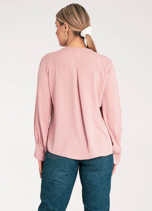 Satin Long-Sleeve Blouse with V-Neck & Buttoned Cuffs – Elegant Stitch Detail - MimiStylez