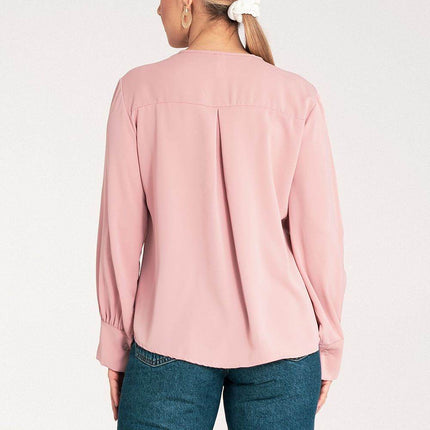 Satin Long-Sleeve Blouse with V-Neck & Buttoned Cuffs – Elegant Stitch Detail - MimiStylez