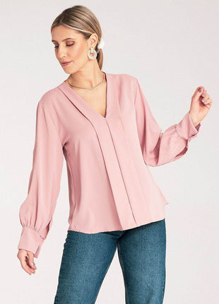 Satin Long-Sleeve Blouse with V-Neck & Buttoned Cuffs – Elegant Stitch Detail - MimiStylez