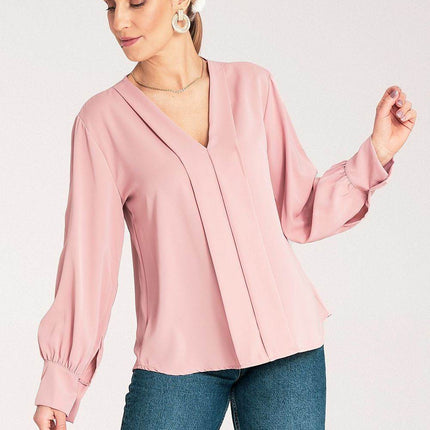 Satin Long-Sleeve Blouse with V-Neck & Buttoned Cuffs – Elegant Stitch Detail - MimiStylez