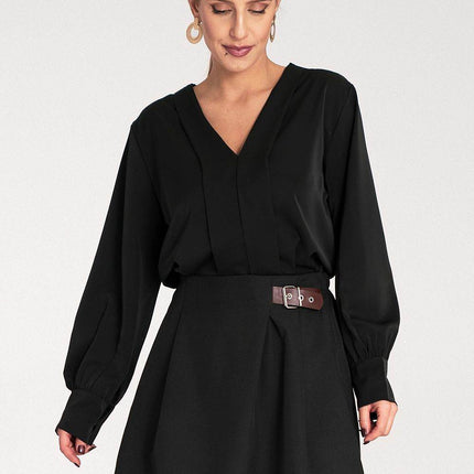 Satin Long-Sleeve Blouse with V-Neck & Buttoned Cuffs – Elegant Stitch Detail - MimiStylez
