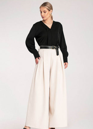 Satin Long-Sleeve Blouse with V-Neck & Buttoned Cuffs – Elegant Stitch Detail - MimiStylez