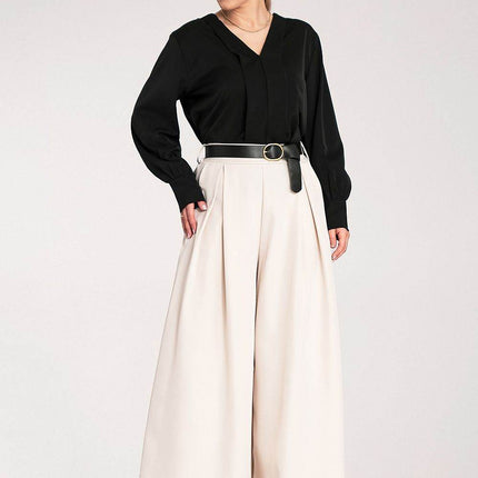 Satin Long-Sleeve Blouse with V-Neck & Buttoned Cuffs – Elegant Stitch Detail - MimiStylez