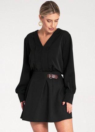Satin Long-Sleeve Blouse with V-Neck & Buttoned Cuffs – Elegant Stitch Detail - MimiStylez