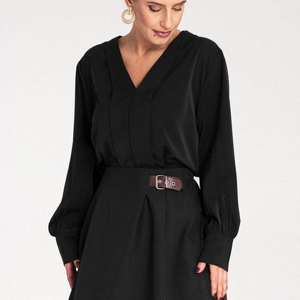 Satin Long-Sleeve Blouse with V-Neck & Buttoned Cuffs – Elegant Stitch Detail - MimiStylez