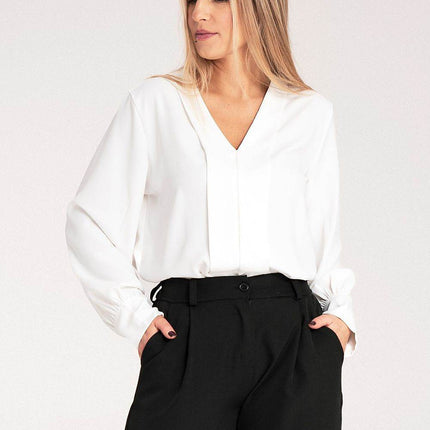 Satin Long-Sleeve Blouse with V-Neck & Buttoned Cuffs – Elegant Stitch Detail - MimiStylez