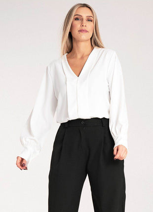 Satin Long-Sleeve Blouse with V-Neck & Buttoned Cuffs – Elegant Stitch Detail - MimiStylez
