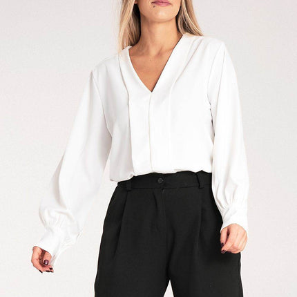 Satin Long-Sleeve Blouse with V-Neck & Buttoned Cuffs – Elegant Stitch Detail - MimiStylez